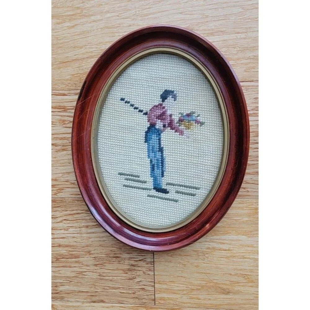 Set of 2 Vintage Antique Oval Framed Needlepoint Victorian Lady and Gentlemen